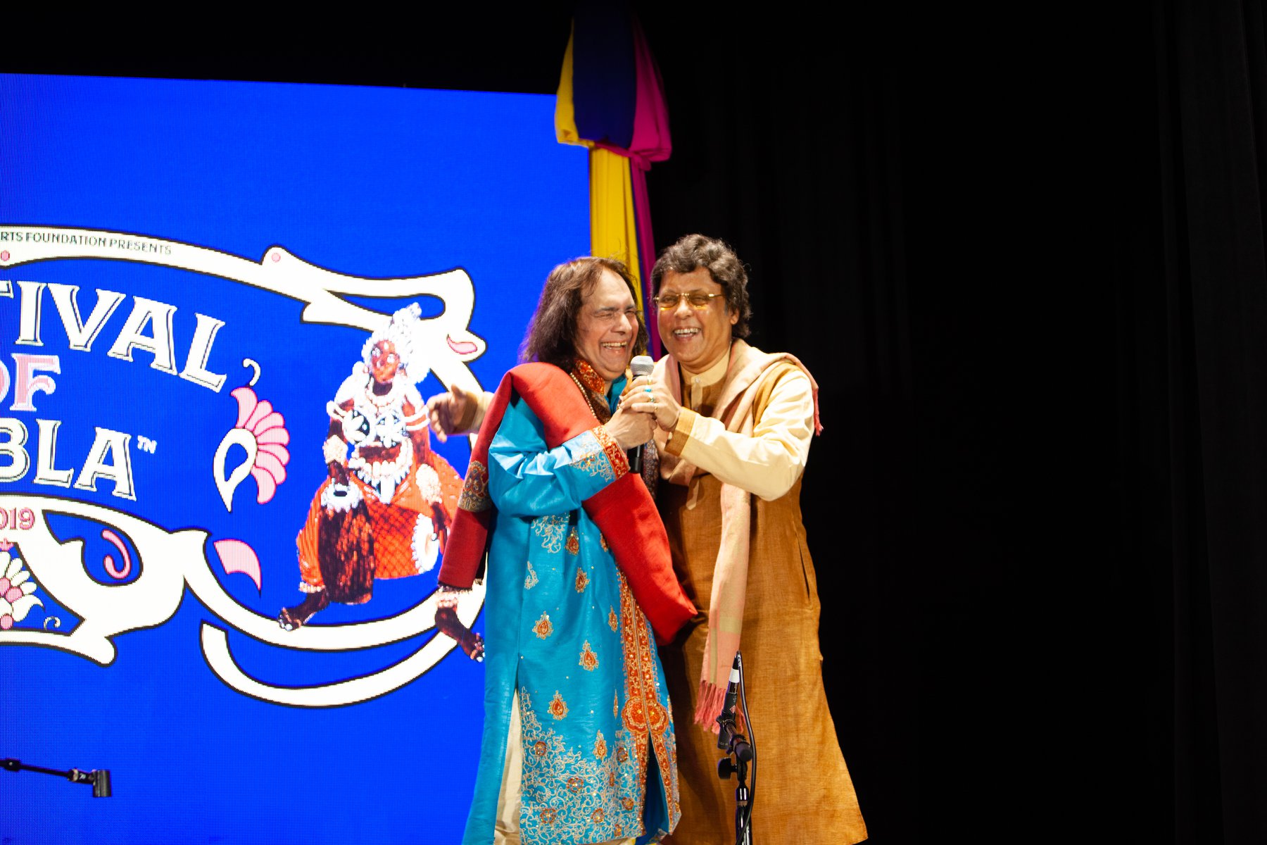 Ustad Tari Khan and Pandit Anindo Chatterjee seated with tabla at the Festival of Tabla, 2019