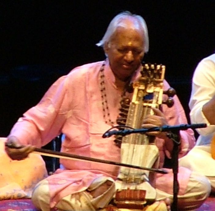 Pandit Ram Narayan bowing the sarangi on stage at the Royal Albert Hall, 2009