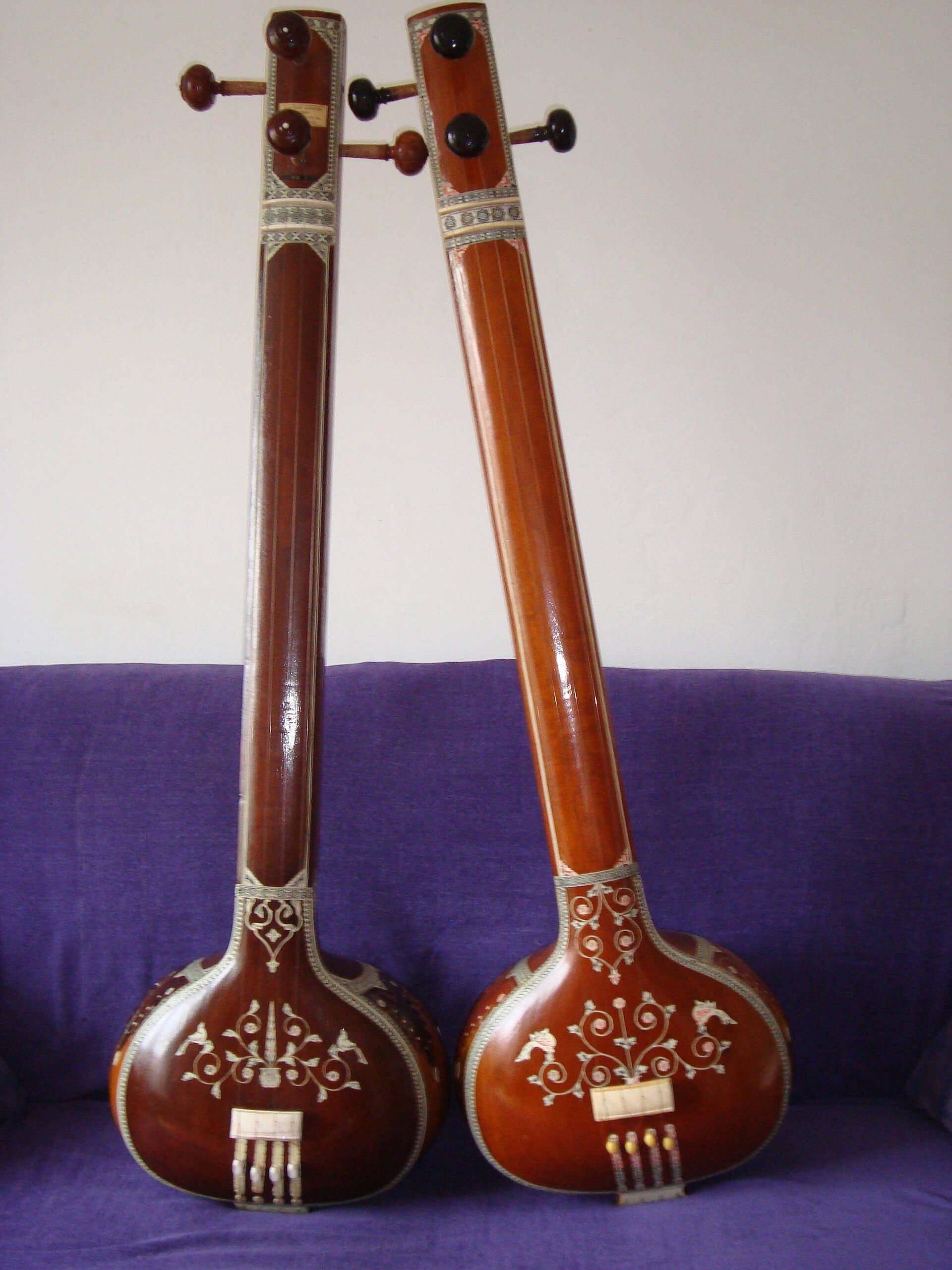 Two tanpuras standing upright side by side, gourd bodies at the base.